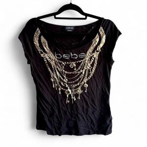 Bebe Rhinestone Black Chain Embellished Women's Top Size Large